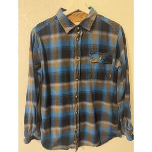 Legendary Whitetails Buck Camp Flannel Shirt‎ Blue Brown Plaid Corduroy Trim